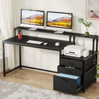 63 Computer Desk with Monitor Stand, Ergonomic Home Office Desks with Drawers File Cabinet