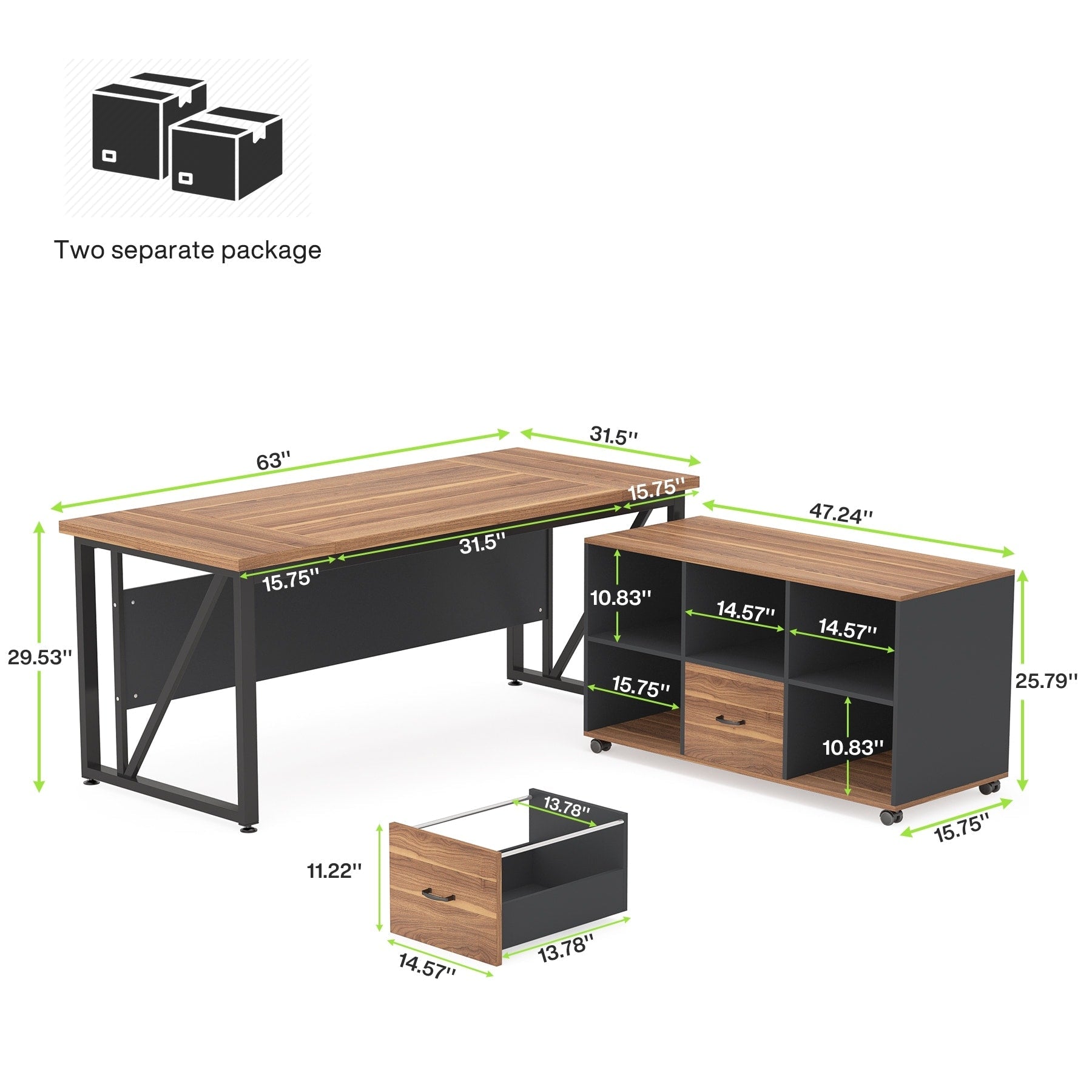 63 L-Shaped Computer Desk with 47 inches Lateral File Cabinet, Executive Desk Home Office Furniture Desk Set