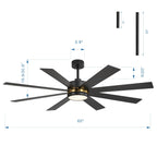 65 Inch 8-Blade Black LED Ceiling Fan with Light and Remote