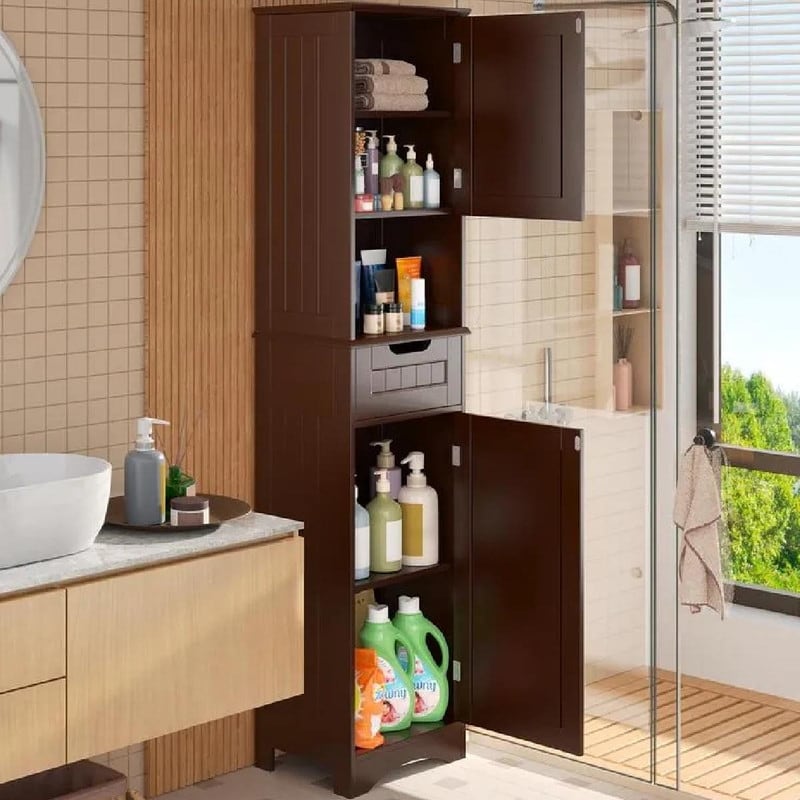 67'' Tall Bathroom Narrow Linen Cabinet, 5 Tiers Solid Wood Freestanding Storage Cabinet