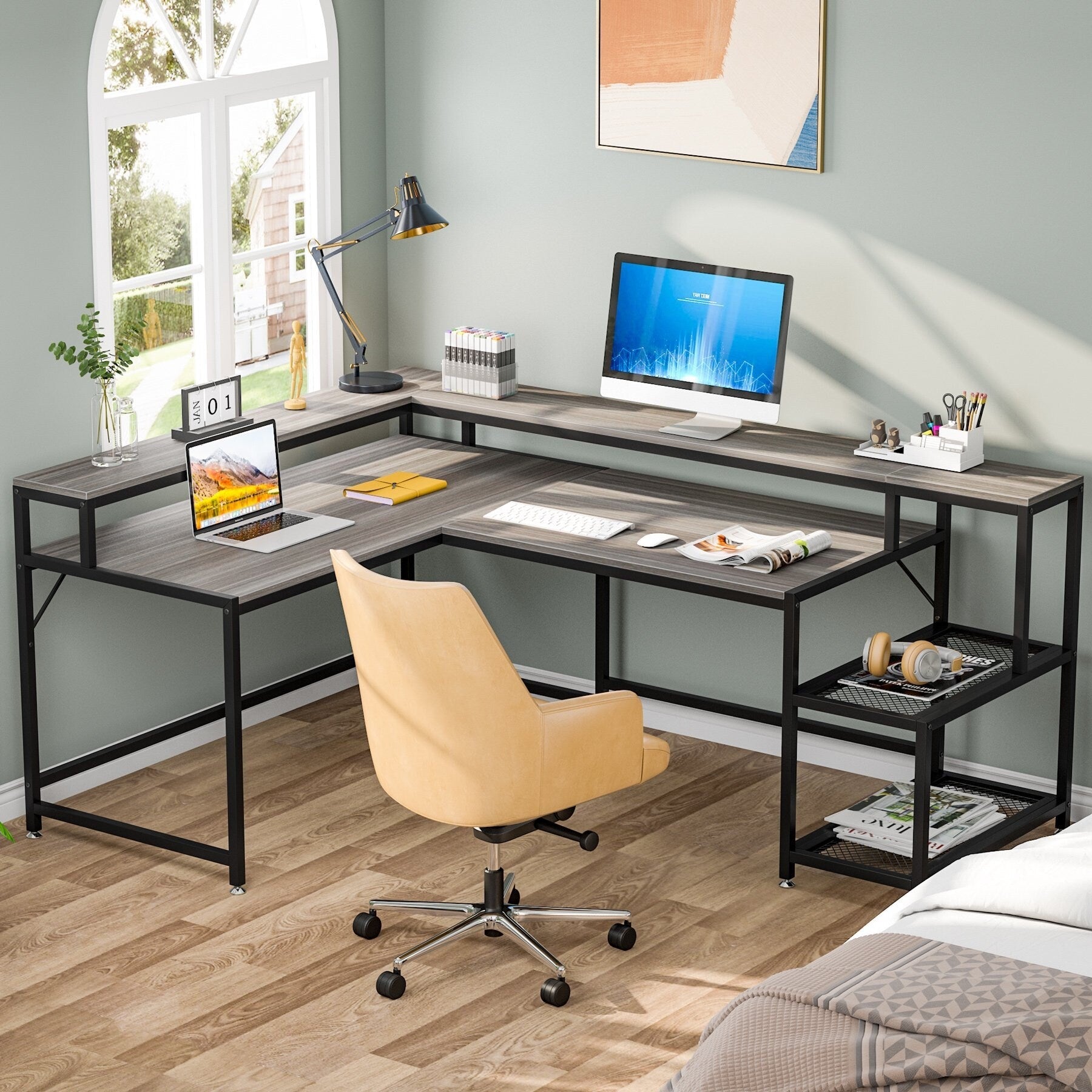 L Shaped Desk with Monitor Shelf, Reversible Corner Computer Desk for Office Home 69