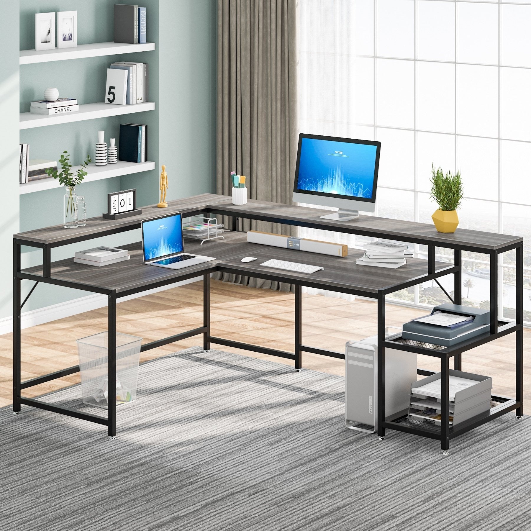 L Shaped Desk with Monitor Shelf, Reversible Corner Computer Desk for Office Home 69