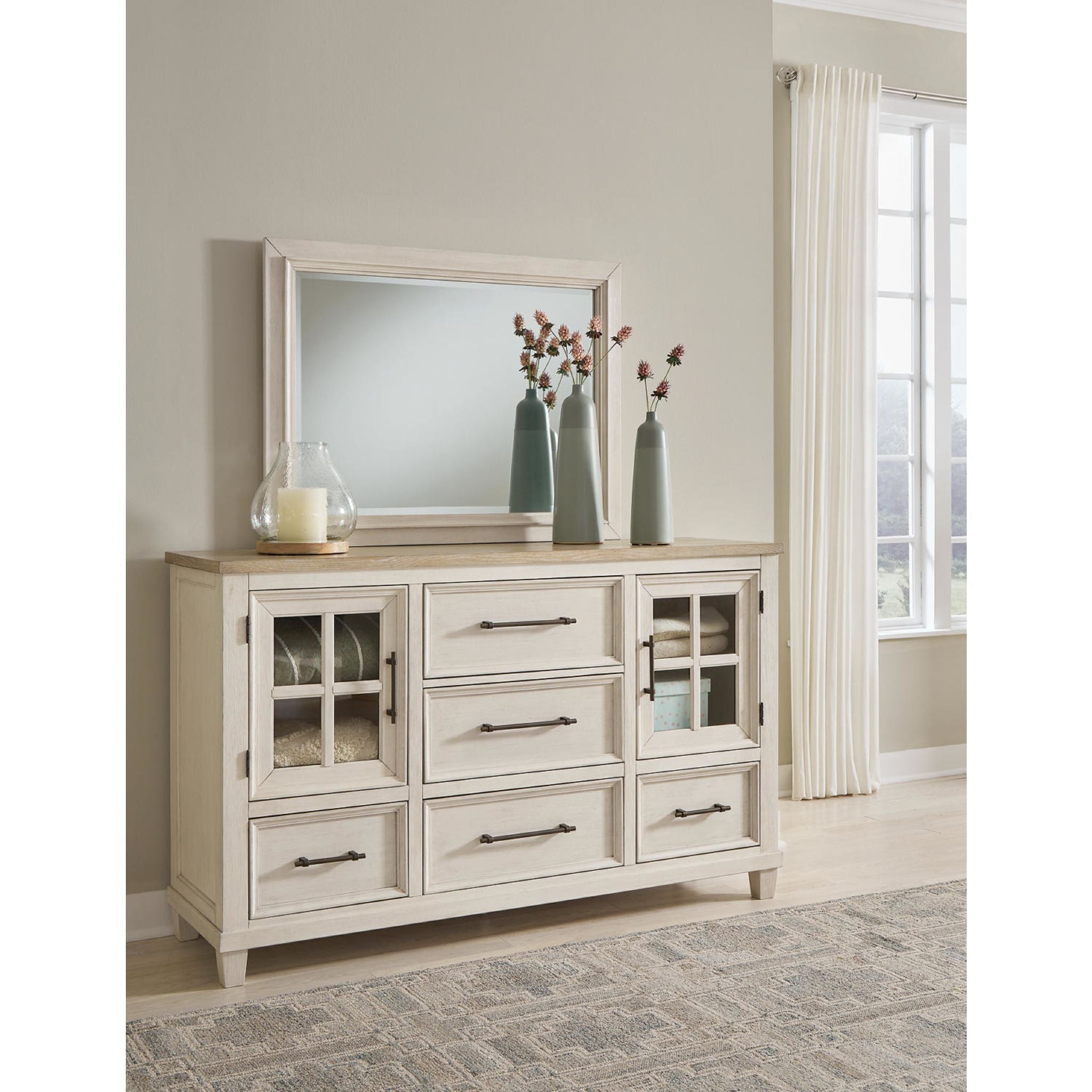 Shaybrock Dresser and Mirror - Antique White/Brown