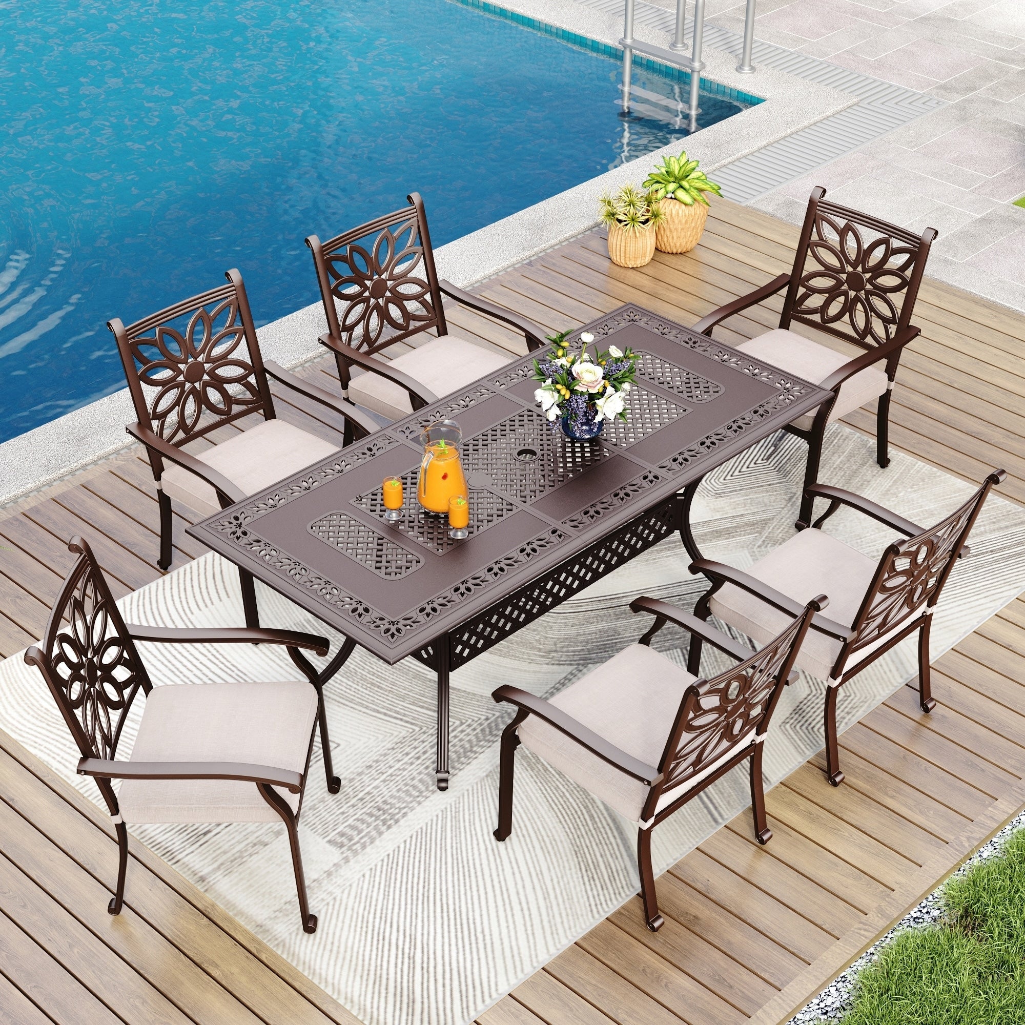 MAISON ARTS 7-Piece Cast Aluminum Patio Dining Set with Expandable Rectangular Table & 6 Cast Aluminum Chairs