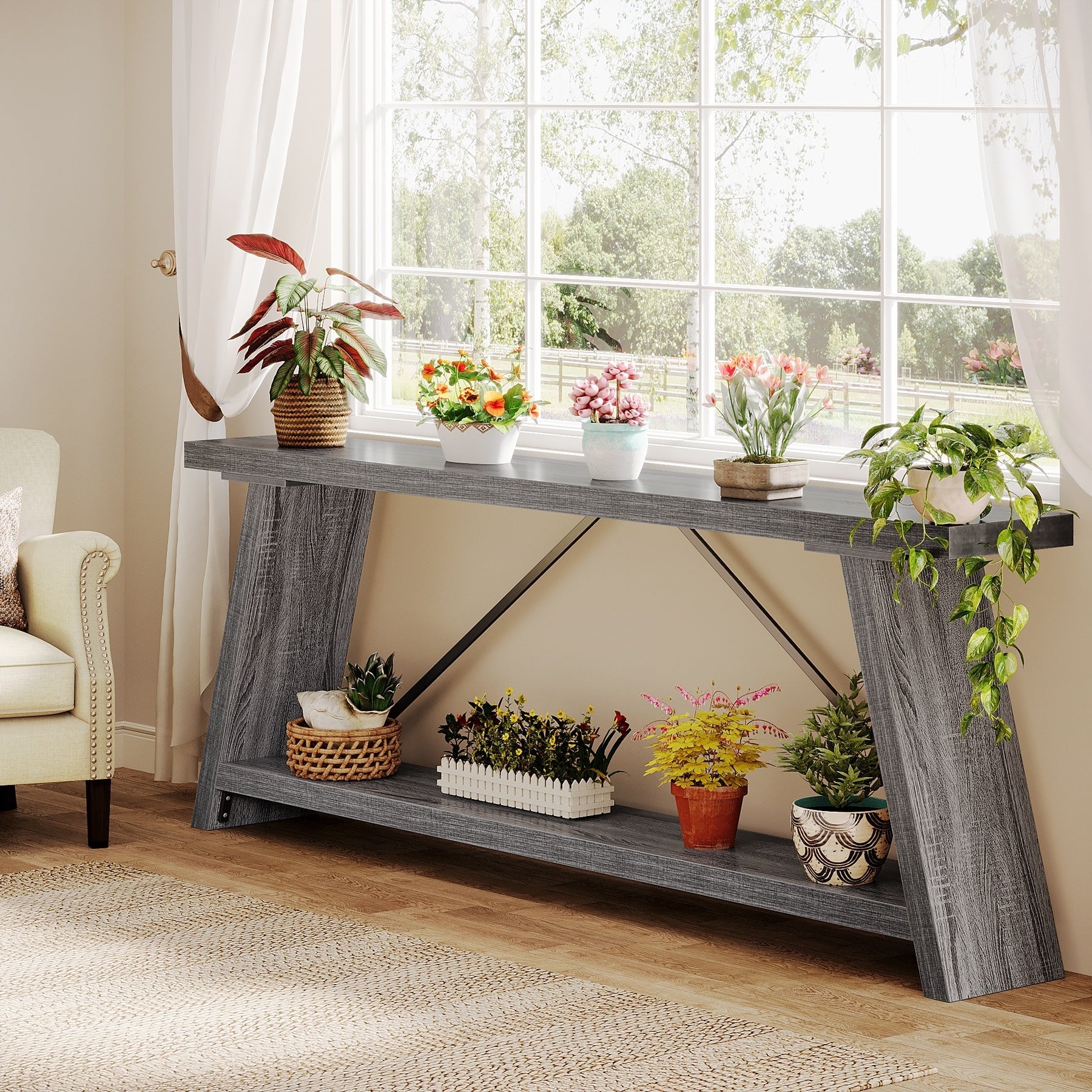 70.9 Inches Long Rustic Wood Console Sofa Table with Storage Shelf