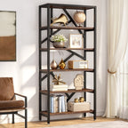 71 Industrial Bookshelf, 6 Tier Rustic Brown Wood Etagere Bookcase, Open Book Shelves