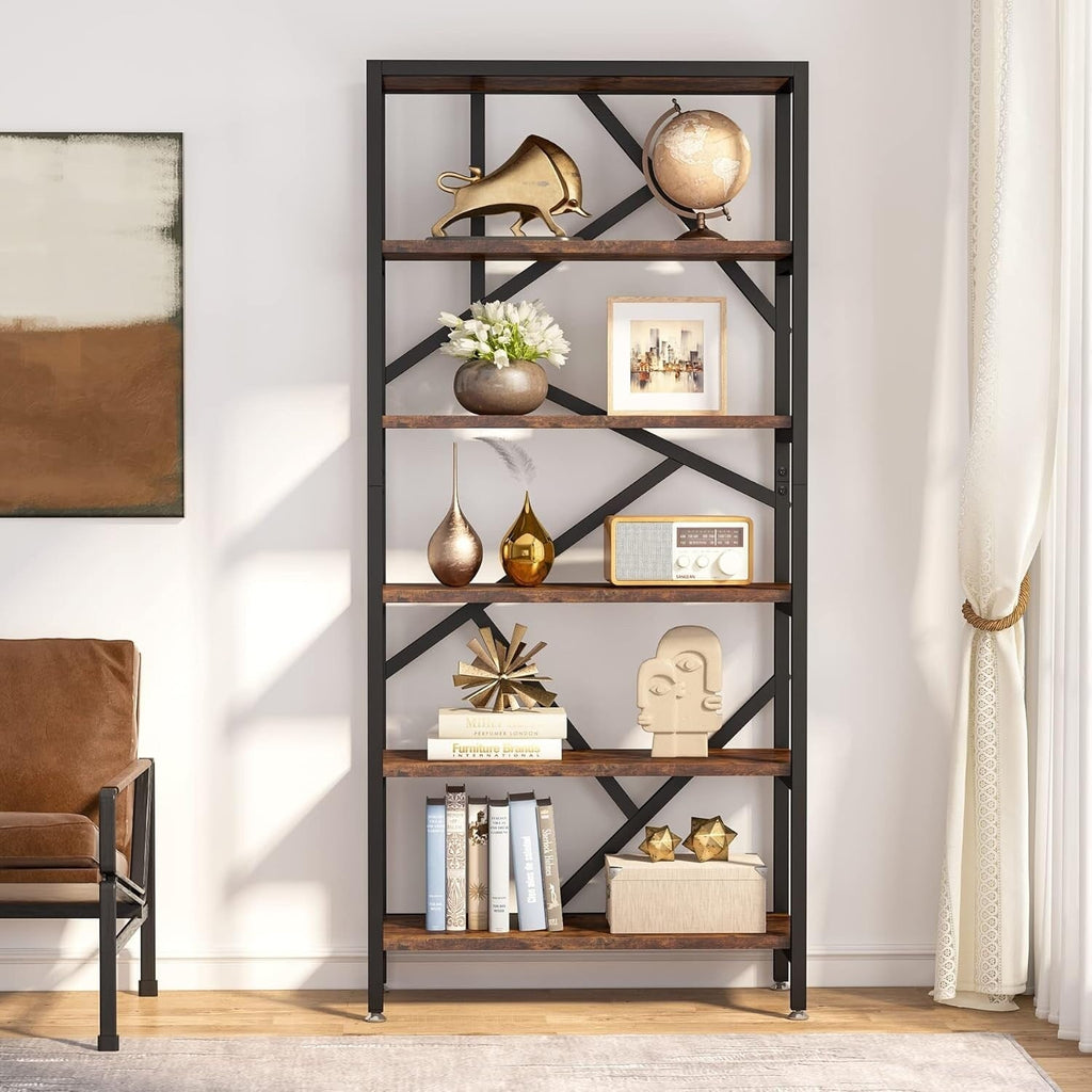 71 Industrial Bookshelf, 6 Tier Rustic Brown Wood Etagere Bookcase, Open Book Shelves