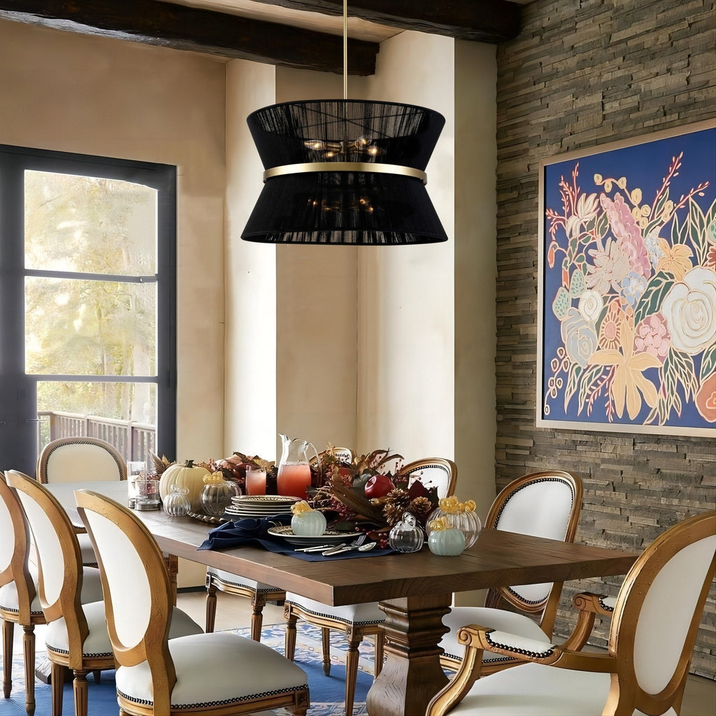 8-Light Modern Boho Large Drum Chandelier 24 inch Fabric Hourglass Hand-woven Chandelier in Gold/ Black for Dining/ Living Room