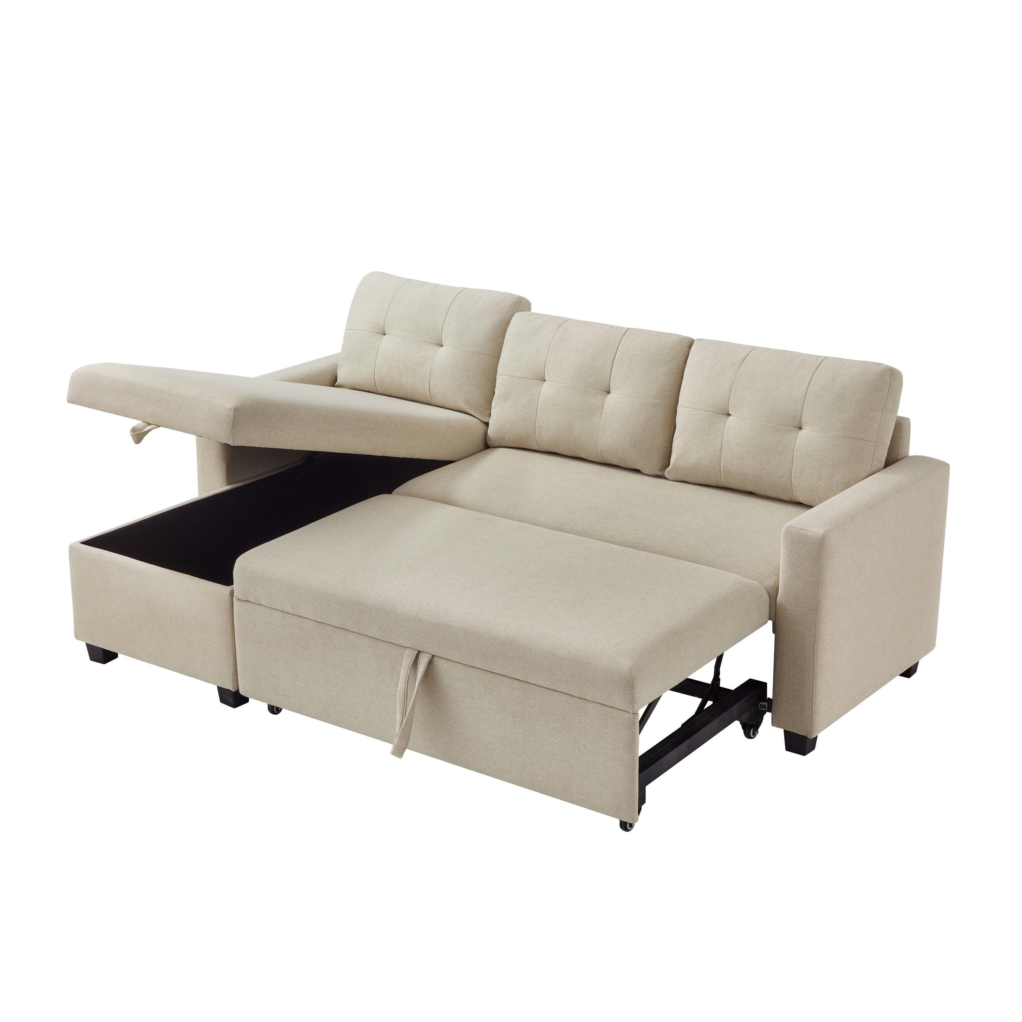 81.5'' Upholstered Convertible 3 Seater Sleeper Sofa with Pull-Out Bed, Reversible Storage Chaise, and Back Cushions