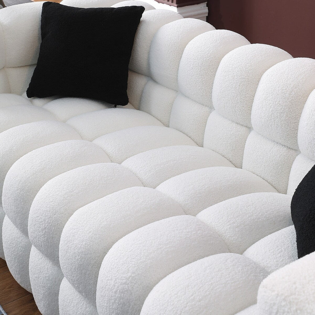 84.3 Luxurious Large Boucle Sofa 3 Seater Marshmallow Upholstered Sofa with 2pc Square Accent Pillows and Square Arm