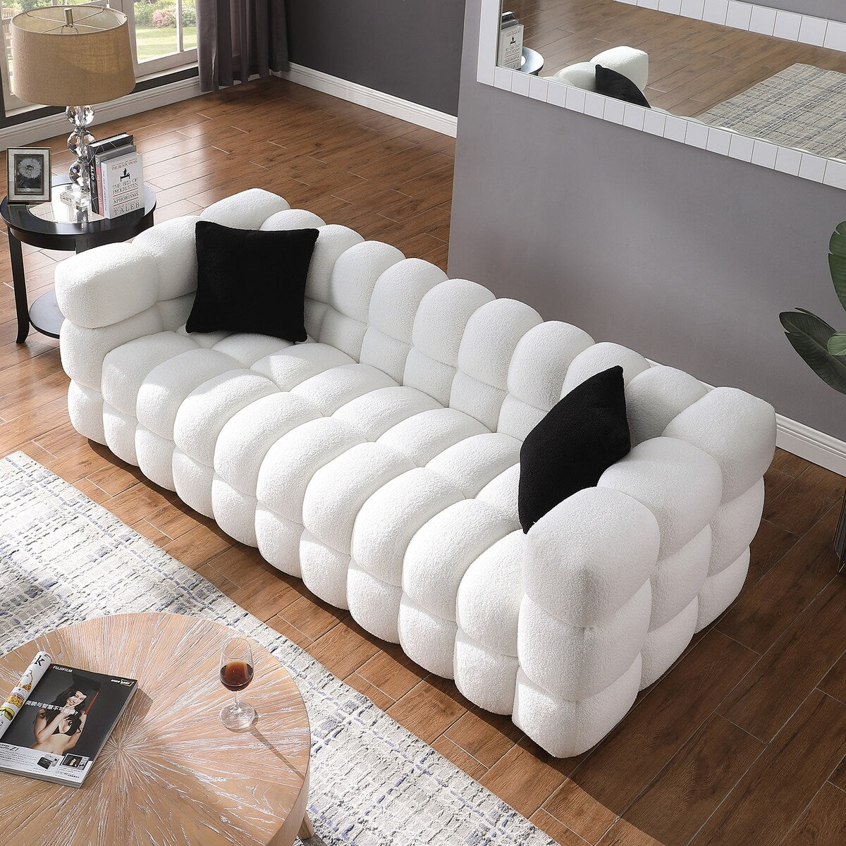 84.3 Luxurious Large Boucle Sofa 3 Seater Marshmallow Upholstered Sofa with 2pc Square Accent Pillows and Square Arm