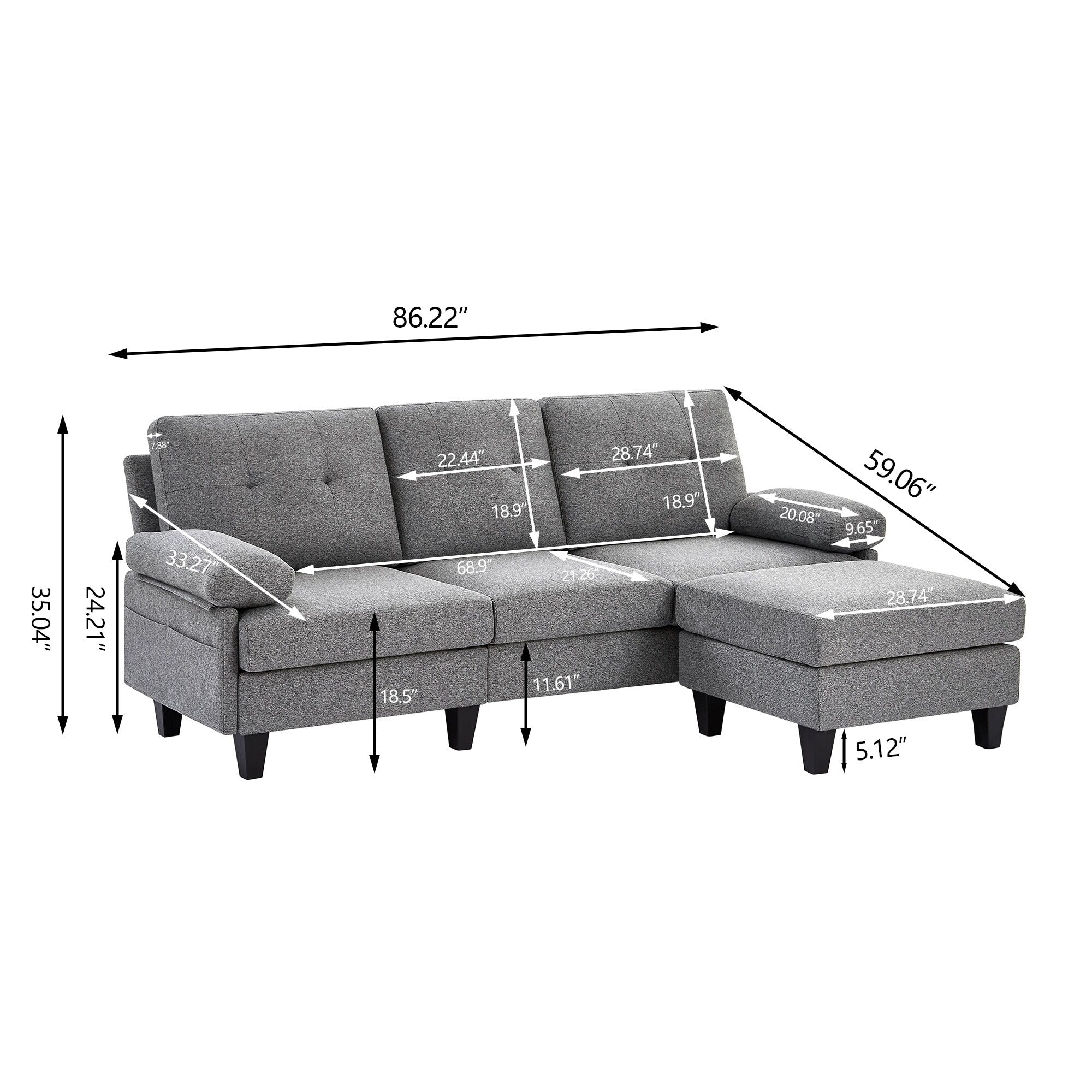 86.22 L Shaped Sectional Sofa with Side Storage Pockets