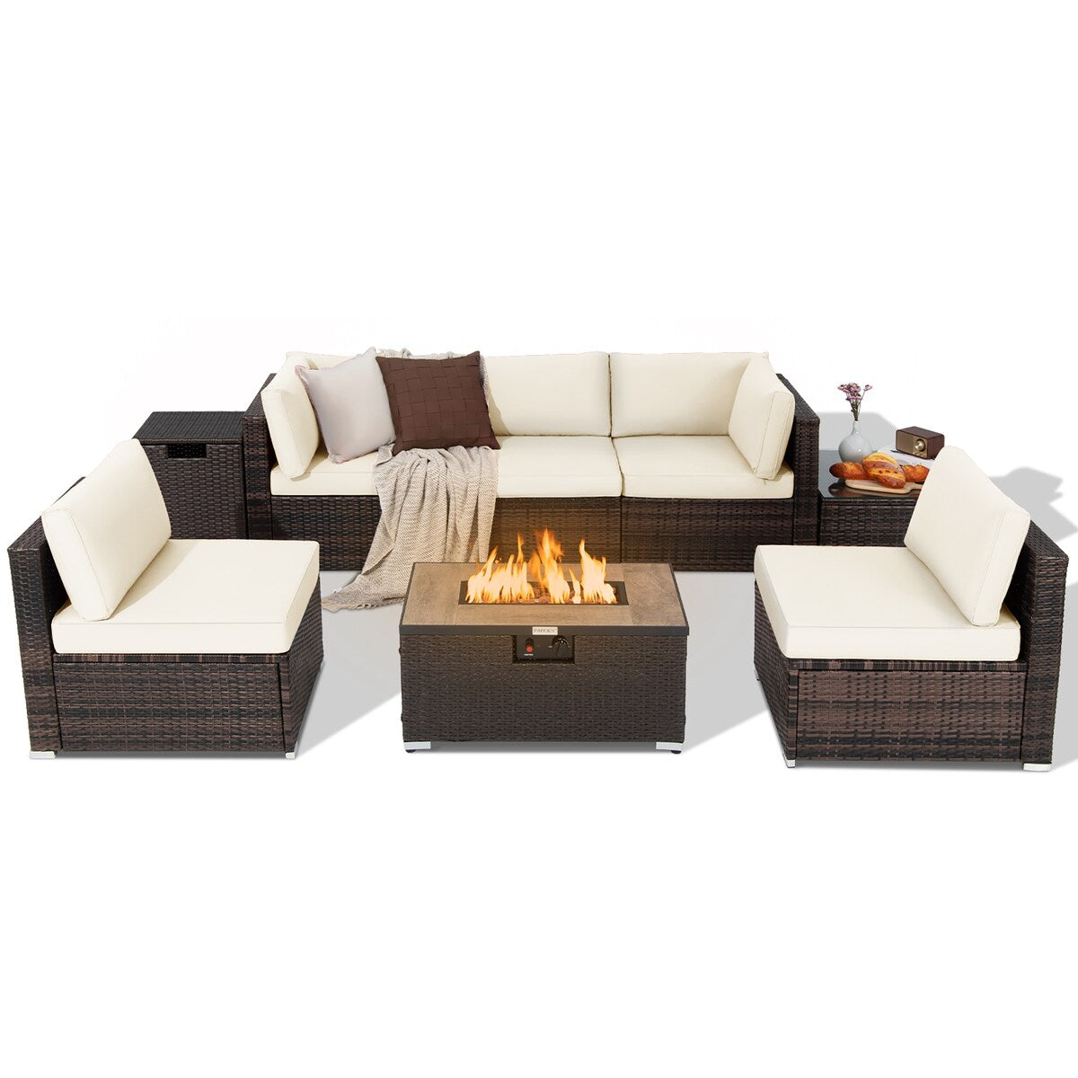 8PCS Patio Rattan Furniture Set Fire Pit Table Tank Holder Cover Deck