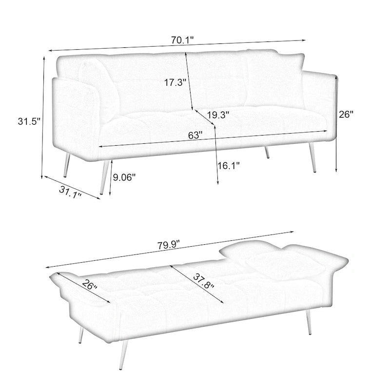 Convertible Double Sofa Bed with Folding Armrests - 31.10 x 70.00 x 31.49