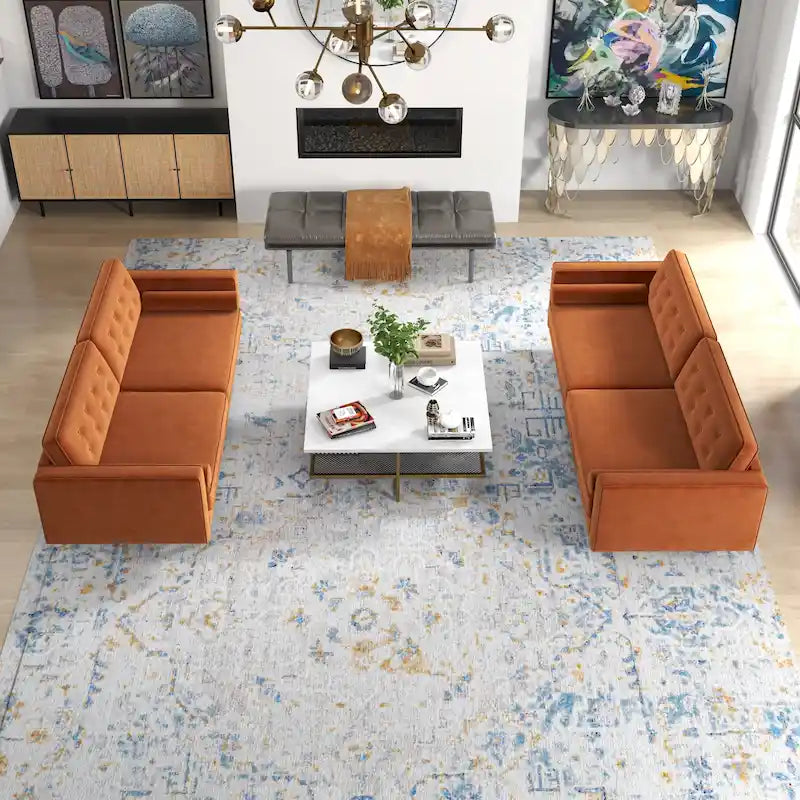 Kenzo Mid Century Pillow Back Velvet Sofa and Loveseat Set