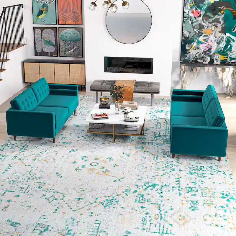 Kenzo Mid Century Pillow Back Velvet Sofa and Loveseat Set