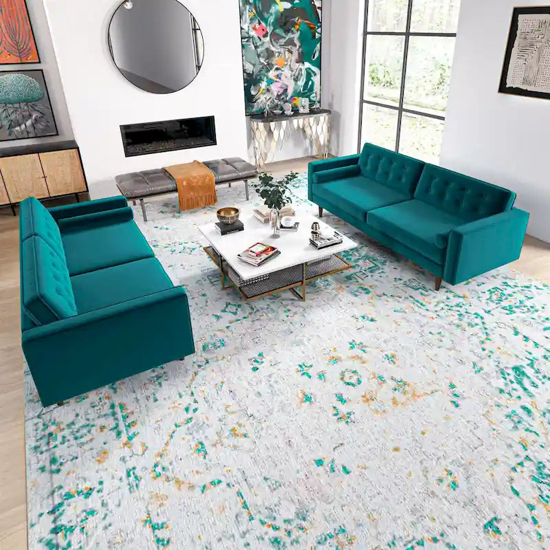 Kenzo Mid Century Pillow Back Velvet Sofa and Loveseat Set