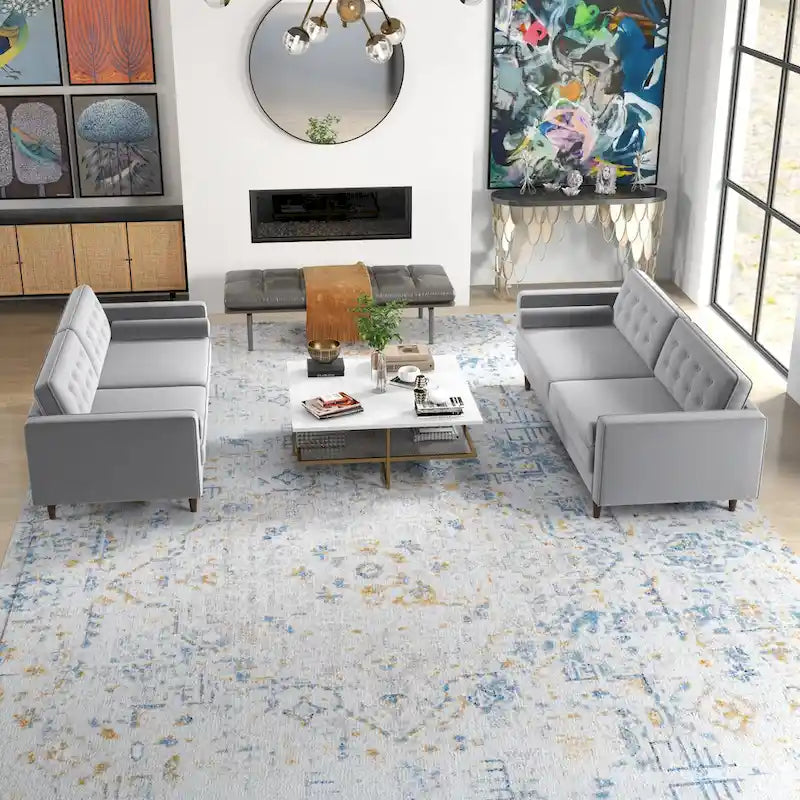 Kenzo Mid Century Pillow Back Velvet Sofa and Loveseat Set