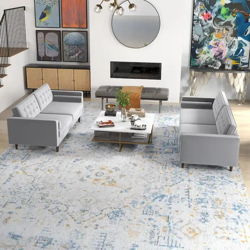 Kenzo Mid Century Pillow Back Velvet Sofa and Loveseat Set