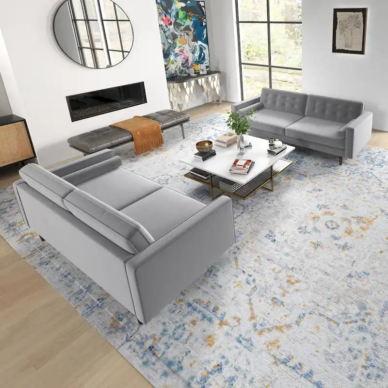 Kenzo Mid Century Pillow Back Velvet Sofa and Loveseat Set