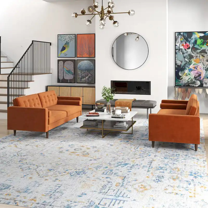 Kenzo Mid Century Pillow Back Velvet Sofa and Loveseat Set