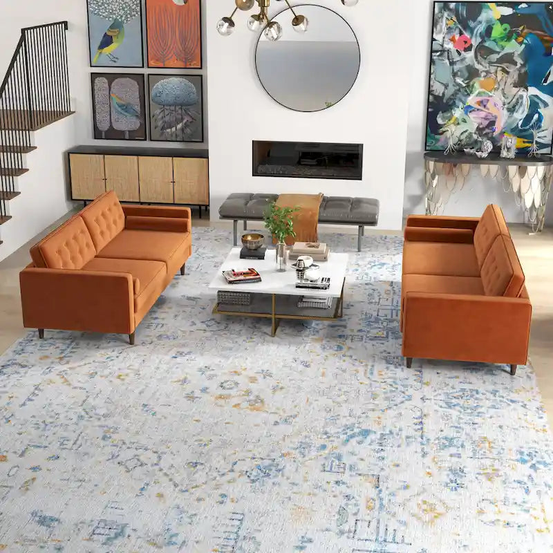 Kenzo Mid Century Pillow Back Velvet Sofa and Loveseat Set