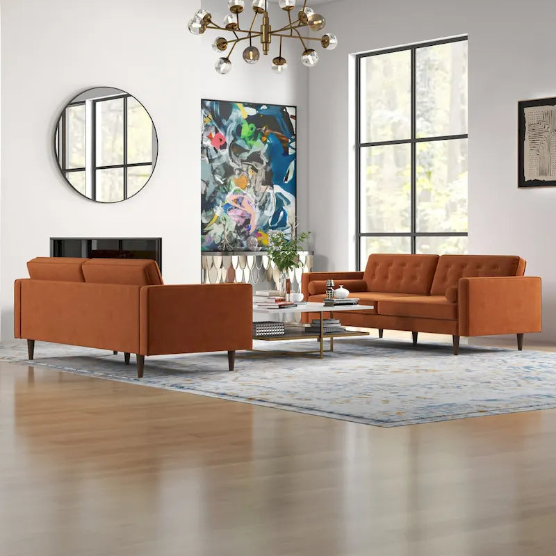 Kenzo Mid Century Pillow Back Velvet Sofa and Loveseat Set