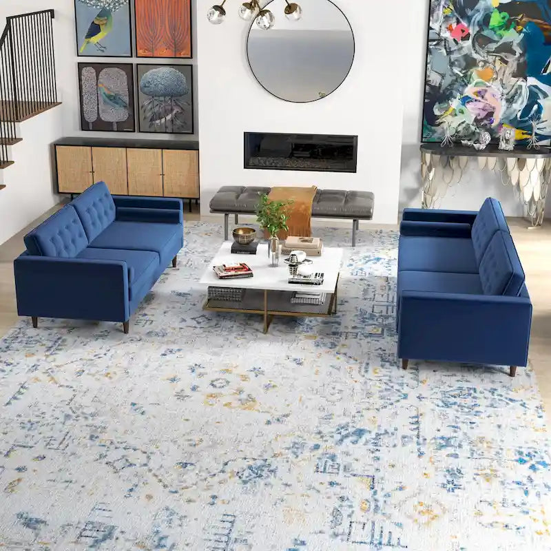 Kenzo Mid Century Pillow Back Velvet Sofa and Loveseat Set