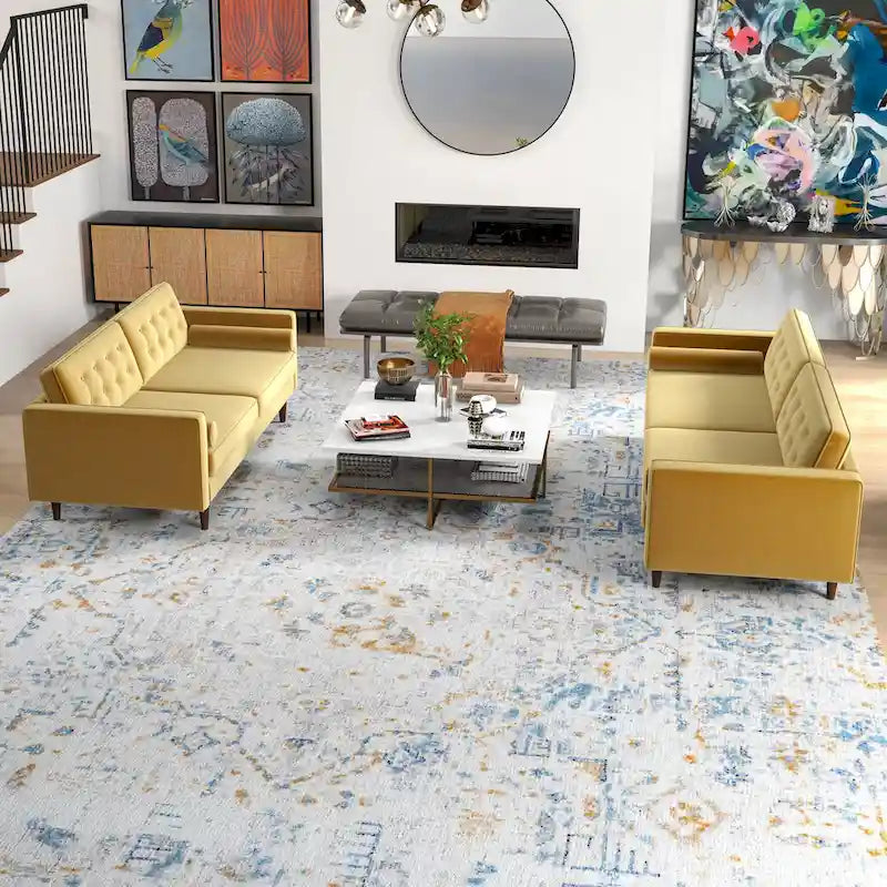 Kenzo Mid Century Pillow Back Velvet Sofa and Loveseat Set