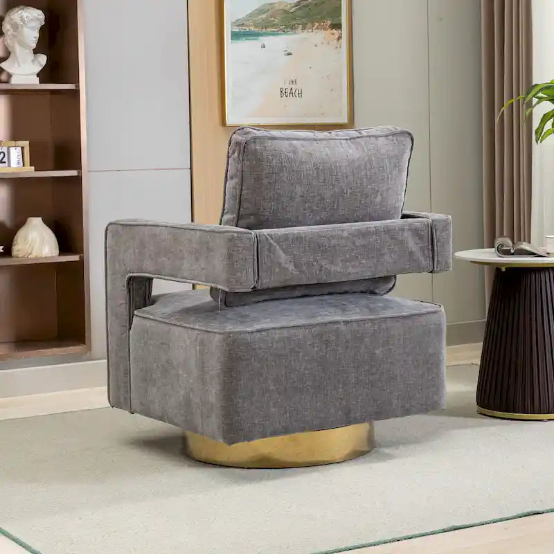 Modern Upholstered Swivel Open-Back Barrel Chair With Pillow