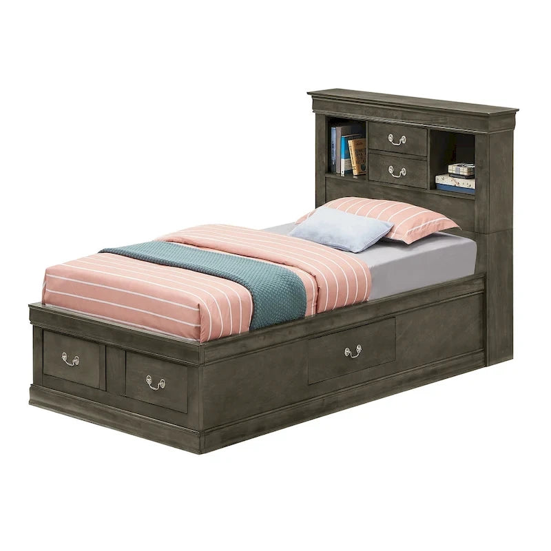 Louis Philippe Twin Storage Platform Bed with 6 Storage Drawers