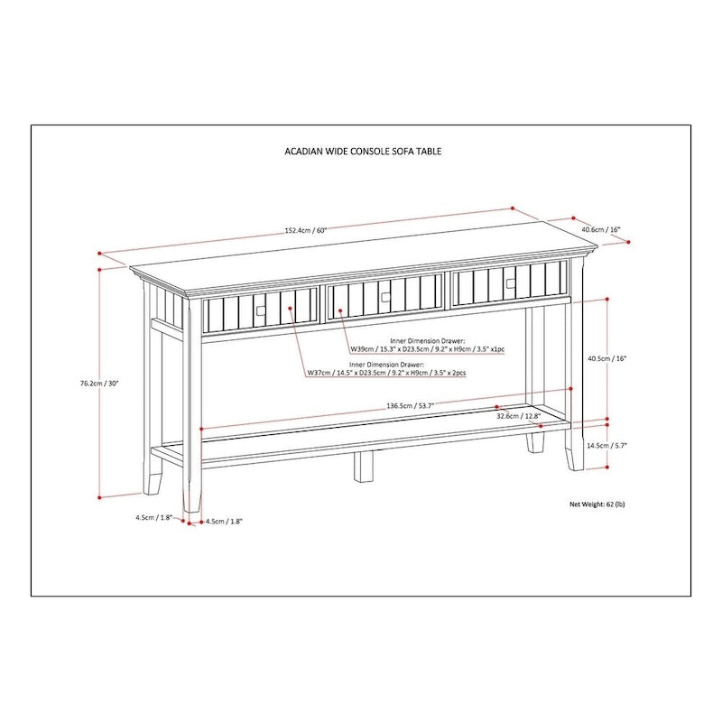 WYNDENHALL Normandy SOLID WOOD 60 inch Wide Transitional Wide Console Sofa Table - 60 x 16 x 30