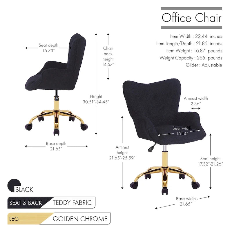 Porthos Home Tyra Swivel Office Chair, Teddy Fabric, Gold Chrome Legs