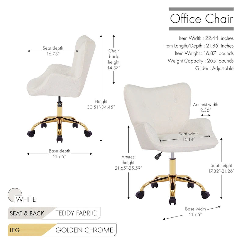 Porthos Home Tyra Swivel Office Chair, Teddy Fabric, Gold Chrome Legs