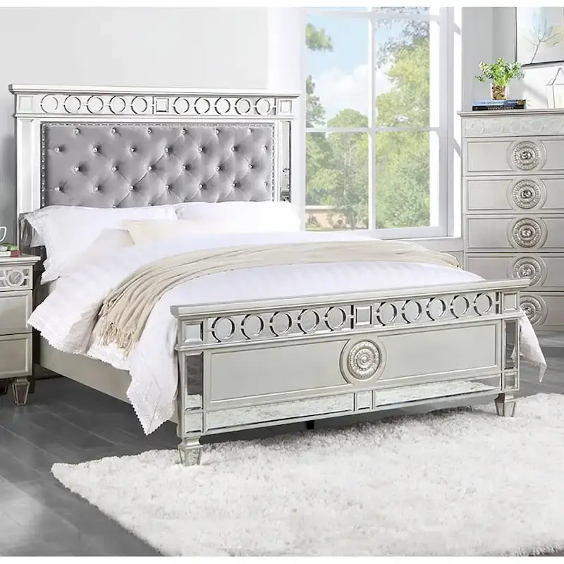 Gray Velvet Full Bed in Silver and Mirrored Finish
