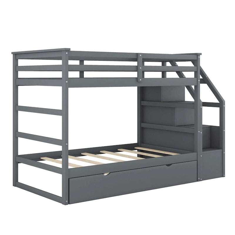 Twin-Over-Twin Bunk Bed with Twin Size Trundle and 3 Storage Stairs,Espresso