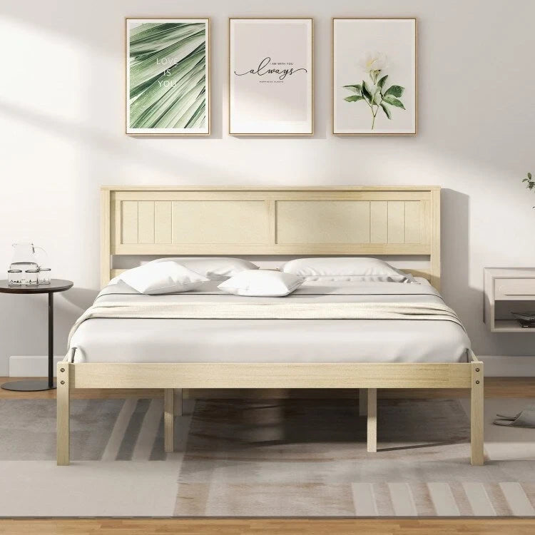 Wooden Bed Frame with Headboard and Slat Support