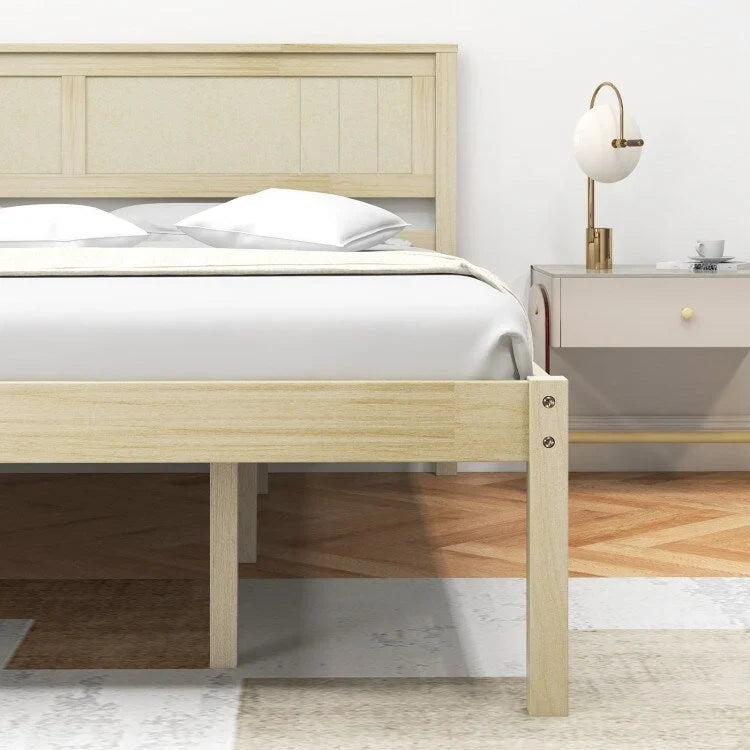 Wooden Bed Frame with Headboard and Slat Support