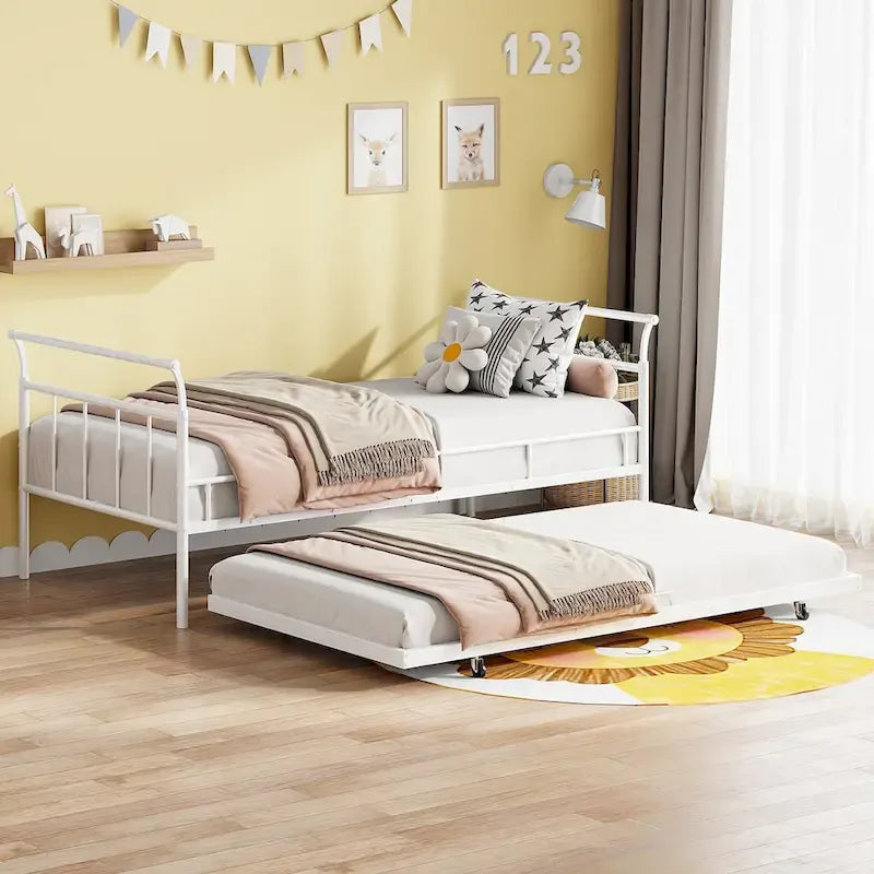 Twin Size Metal Daybed with Curved Handle Design and Twin Size Trundle