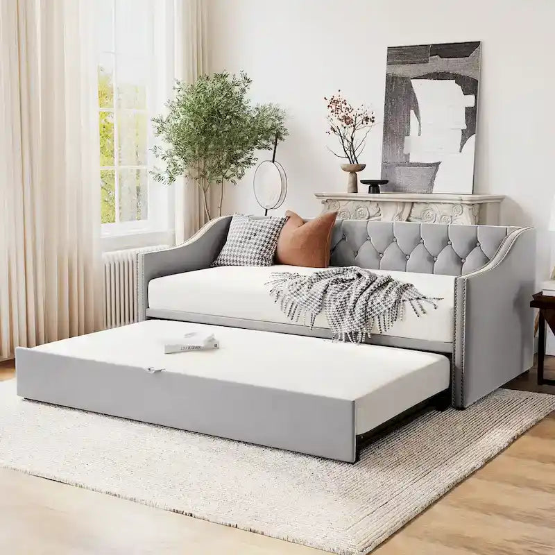 Twin Size Upholstered daybed with Pop Up Trundle