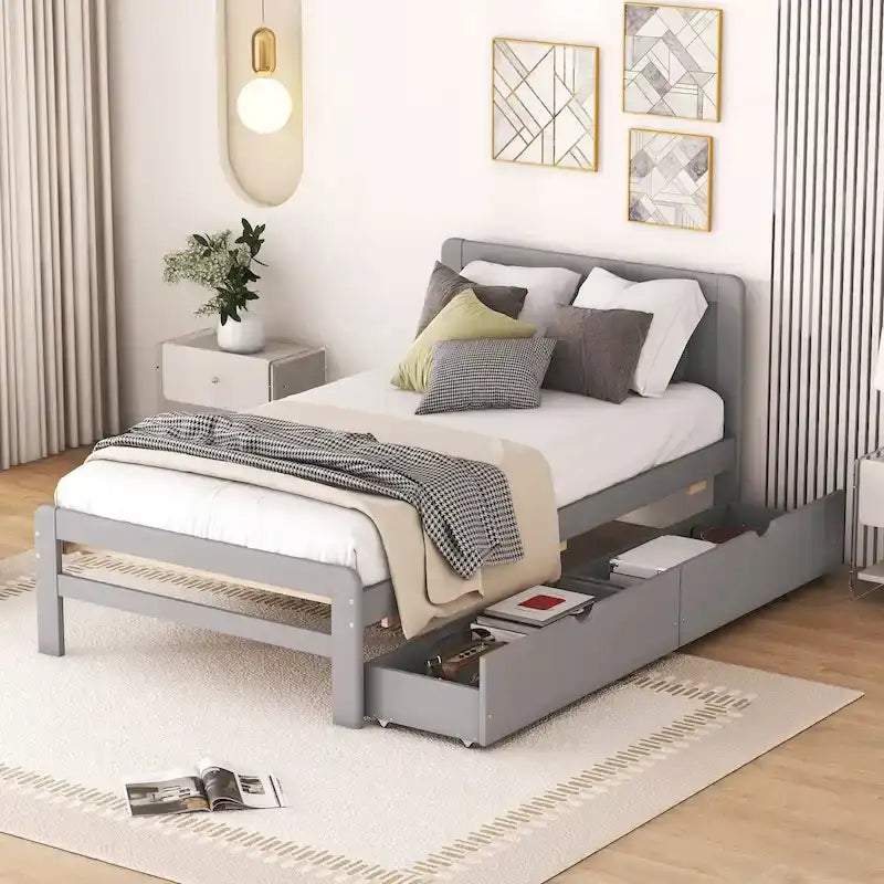 Modern Design Wooden Platform Bed Frame with Trundle