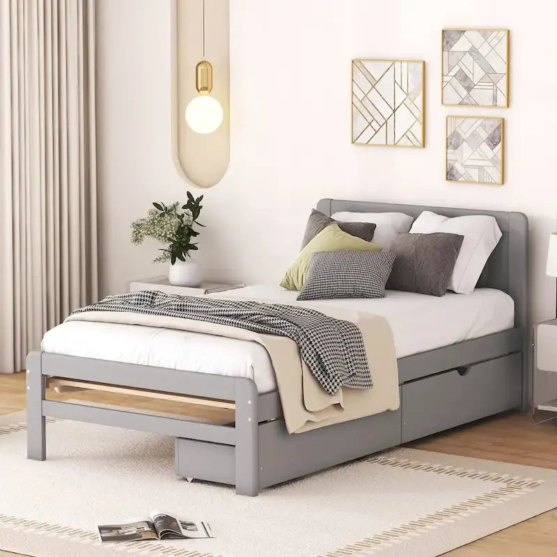 Modern Design Wooden Platform Bed Frame with Trundle