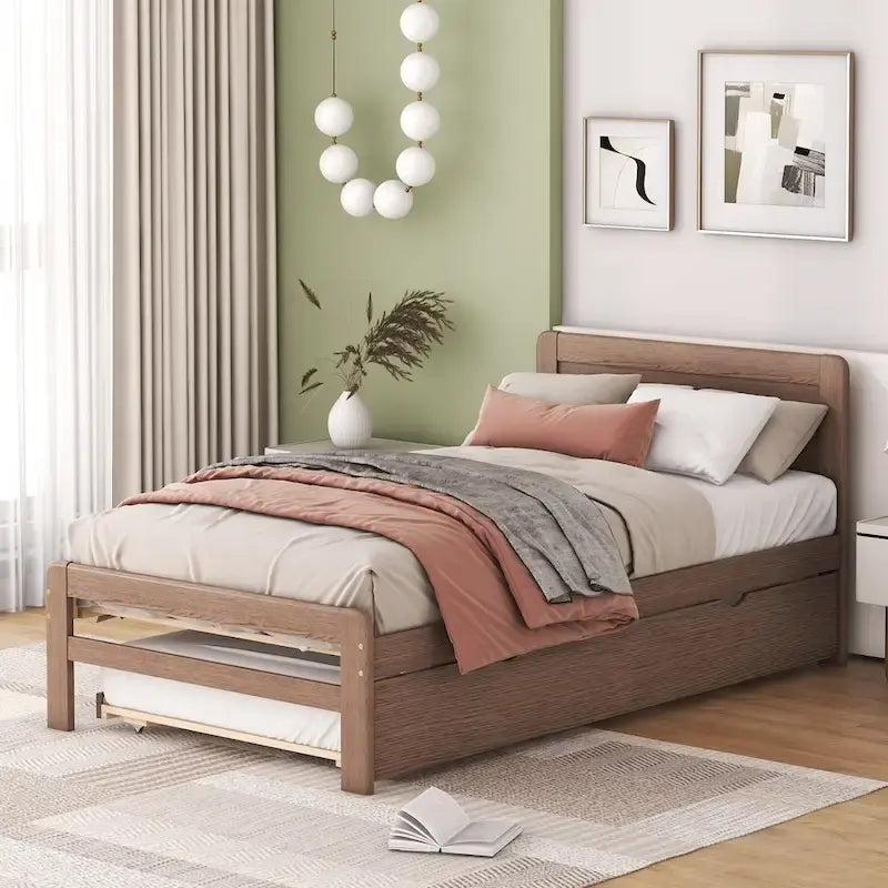 Modern Design Wooden Platform Bed Frame with Trundle