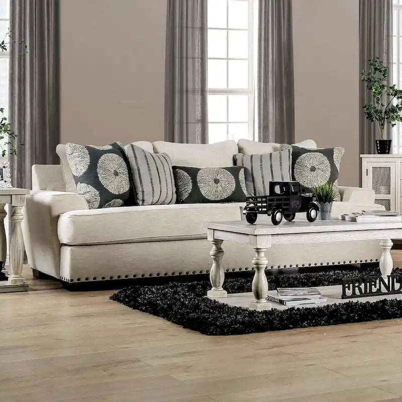 Chenille And Wooden Sofa with Track Arms Design in Ivory