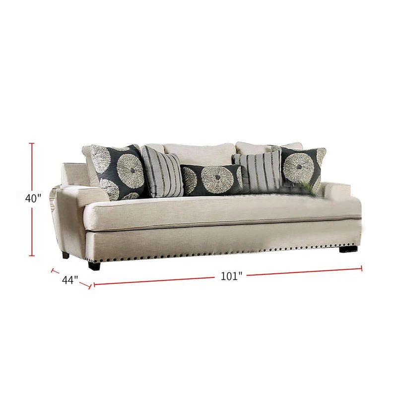 Chenille And Wooden Sofa with Track Arms Design in Ivory