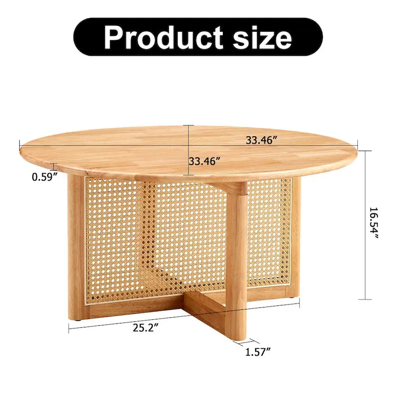 wooden coffee table with faux rattan accents