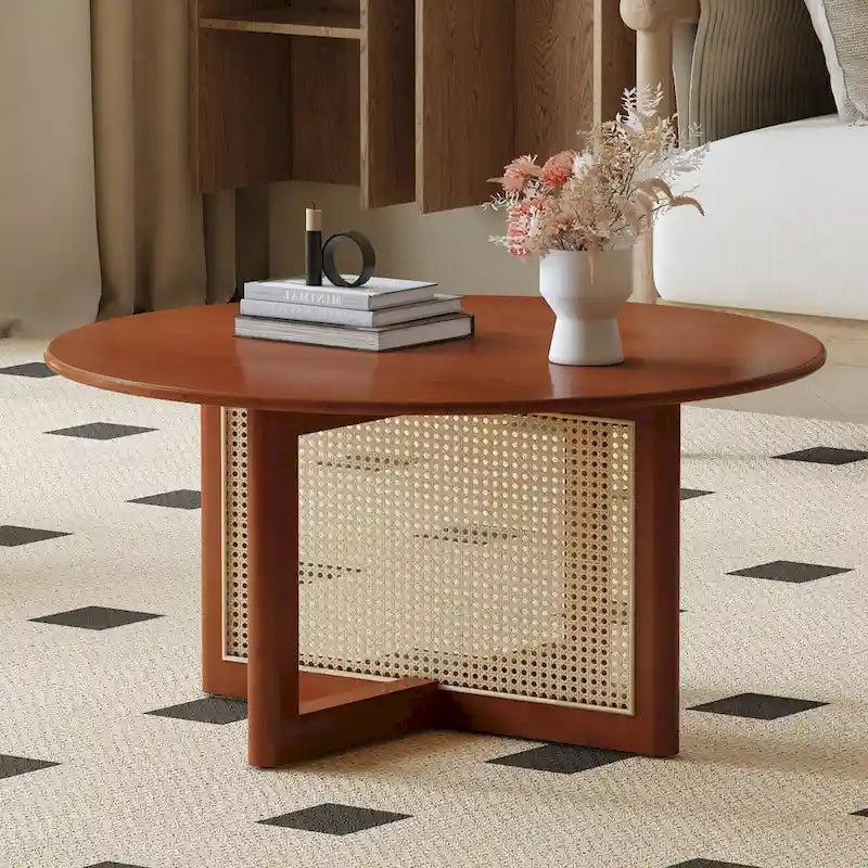 wooden coffee table with faux rattan accents