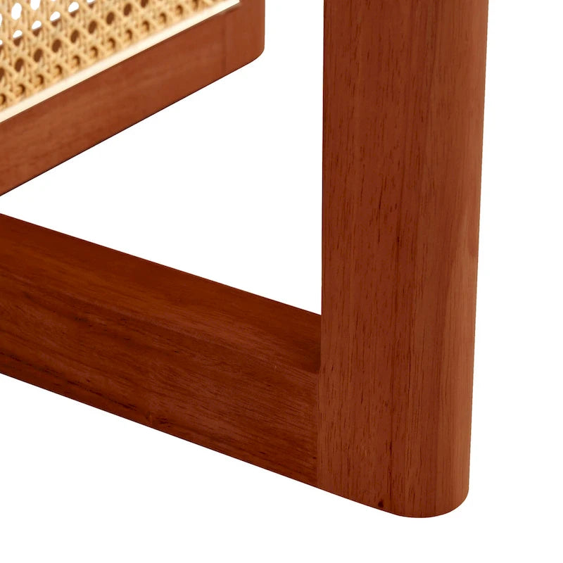 wooden coffee table with faux rattan accents