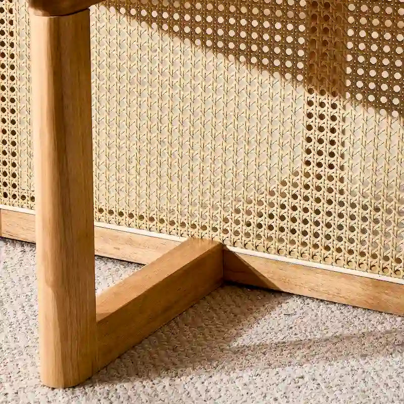 wooden coffee table with faux rattan accents