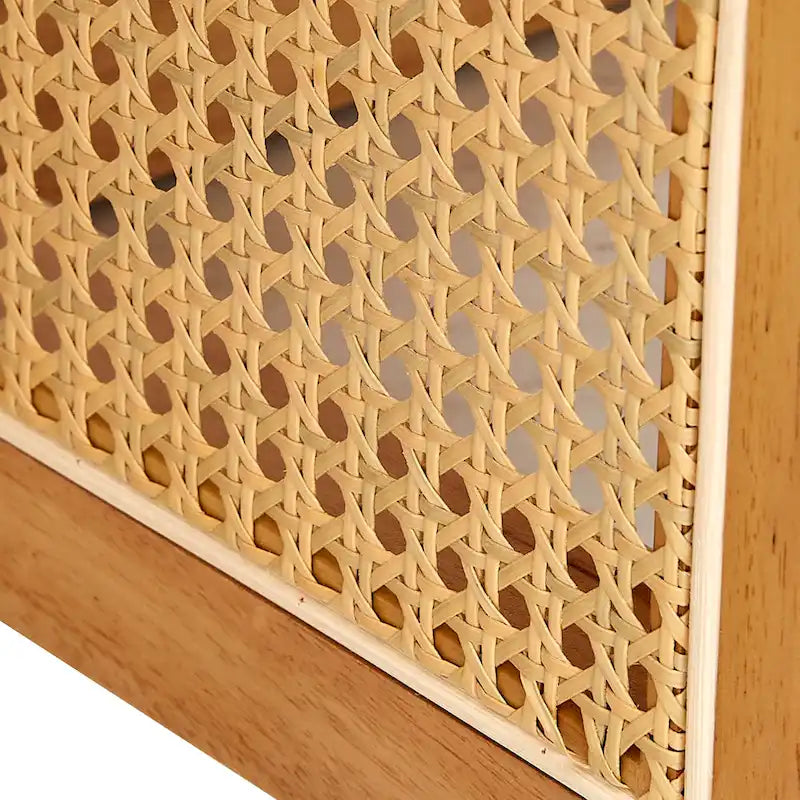 wooden coffee table with faux rattan accents